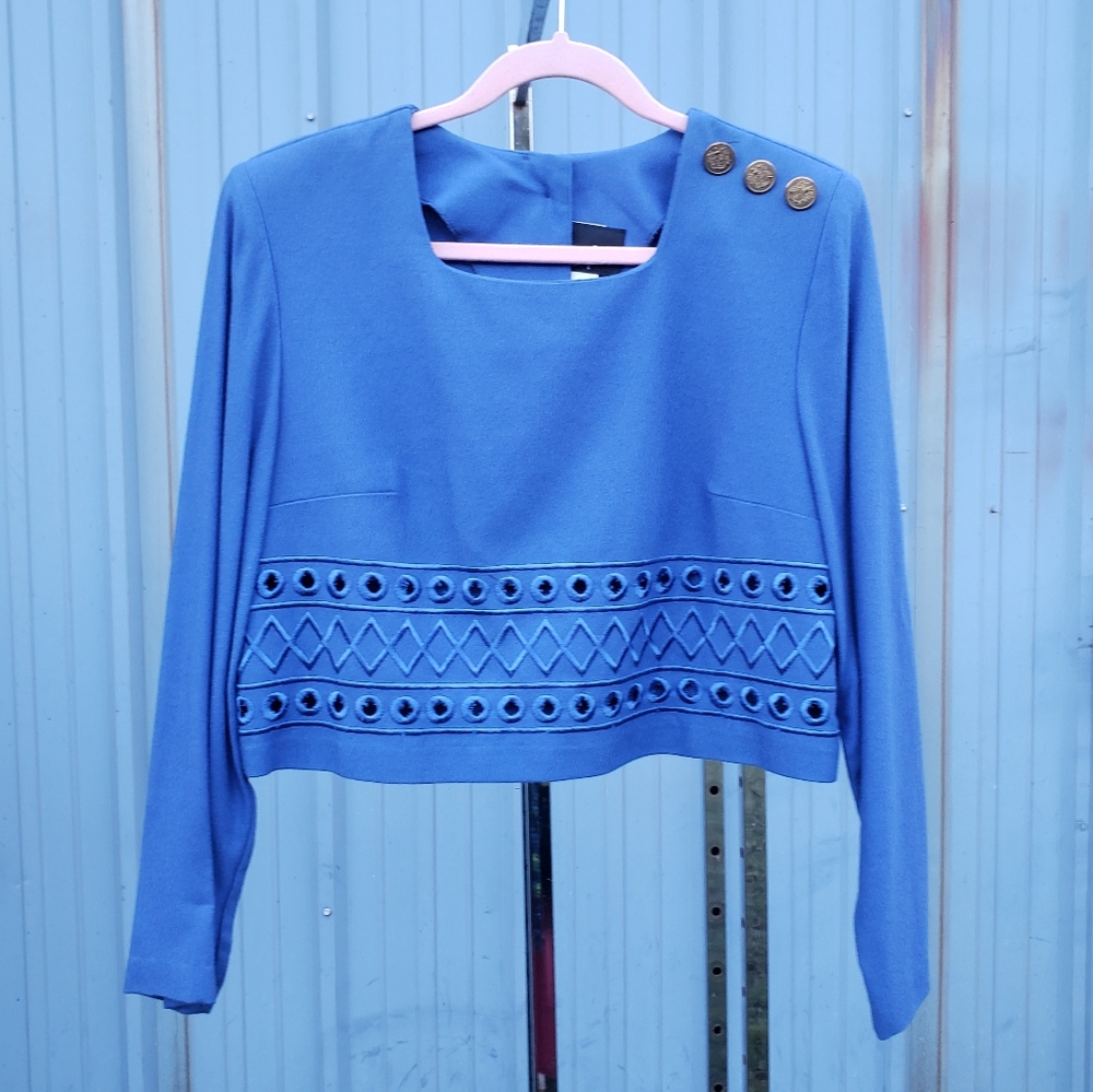 Vintage 80s/90s Positive Attitude Blue Cropped Cutwork Back Buttoned Top Sz 12